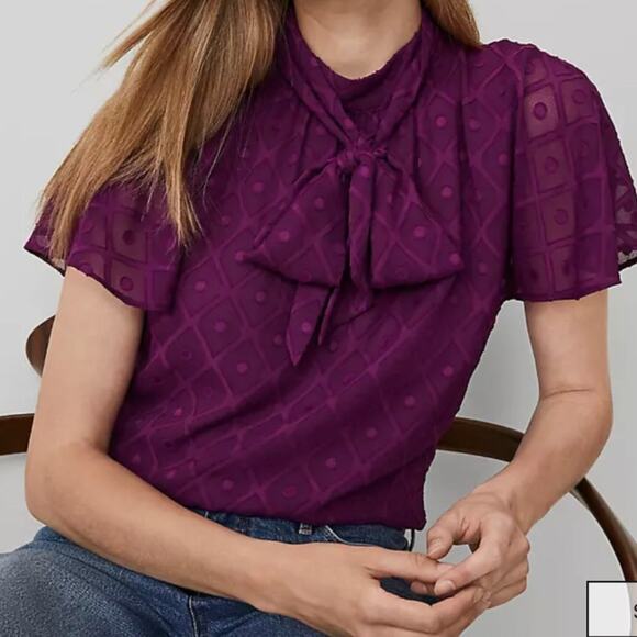 Ann Taylor Mock Neck Bow Lined Polka Dot Purple Top Women’s Size S - Picture 10 of 10